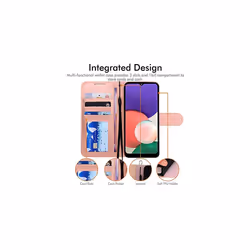 Samsung Galaxy A22 5G Leather Wallet Case, Flip Protective Cover with Wallet Card Holder, Stand and Wrist Strap - PU Leather with Magnetic - Rose Gold