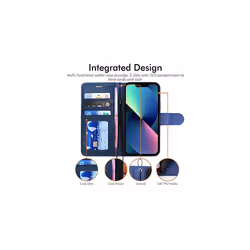 iPhone 13 Mini Leather Wallet Case, Flip Protective Case Cover with Wallet Card Holder, Stand and Wrist Strap - Black PU Leather with Magnetic - Blue