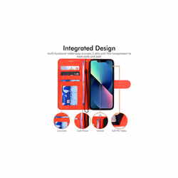 iPhone 13 Mini Leather Wallet Case, Flip Protective Case Cover with Wallet Card Holder, Stand and Wrist Strap - Black PU Leather with Magnetic C - Red