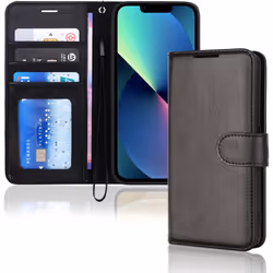 TECHGEAR iPhone 13 Leather Wallet Case, Flip Protective Case Cover with Wallet Card Holder, Stand and Wrist Strap - Black PU. ...