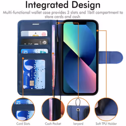 TECHGEAR iPhone 13 Leather Wallet Case, Flip Protective Case Cover with Wallet Card Holder, Stand and Wrist Strap - Blue PU...