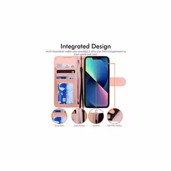 iPhone 13 Leather Wallet Case, Flip Protective Case Cover with Wallet Card Holder, Stand and Wrist Strap - Black PU Leather with Magnetic - Rose Gold