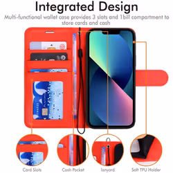 TECHGEAR iPhone 13 Leather Wallet Case, Flip Protective Case Cover with Wallet Card Holder, Stand and Wrist Strap - Red PU...