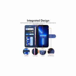 iPhone 13 Pro Leather Wallet Case, Flip Protective Case Cover with Wallet Card Holder, Stand and Wrist Strap - PU Leather with Magnetic Closure - Blue