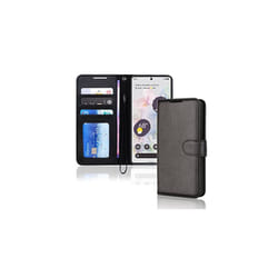 Pixel 6 Leather Wallet Case, Flip Protective Case with Wallet Card Holder, Stand and Wrist Strap - PU Leather with Magnetic Closure For Google - Black