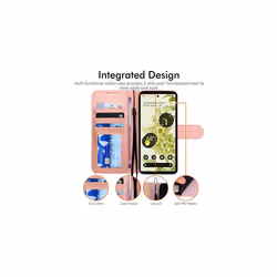 Pixel 6 Pro Wallet Case, Flip Protective Cover with Card Holder, Stand and Wrist Strap - PU Leather with Magnetic Closure For Google Pixel - Rose Gold