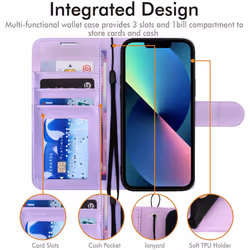 TECHGEAR iPhone 13 Mini Leather Wallet Case, Flip Protective Case Cover with Wallet Card Holder, Stand and Wrist Strap - Purple...