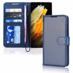 TECHGEAR Galaxy S22 Ultra Leather Wallet Case, Flip Protective Case Cover with Wallet Card Holder, Stand and Wrist Strap - Navy...