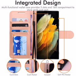 TECHGEAR Galaxy S22 Ultra Leather Wallet Case, Flip Protective Case Cover with Wallet Card Holder, Stand and Wrist Strap - Rose...
