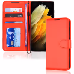 TECHGEAR Galaxy S22 Ultra Leather Wallet Case, Flip Protective Case Cover with Wallet Card Holder, Stand and Wrist Strap - Red...