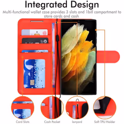 TECHGEAR Galaxy S22 Ultra Leather Wallet Case, Flip Protective Case Cover with Wallet Card Holder, Stand and Wrist Strap - Red...