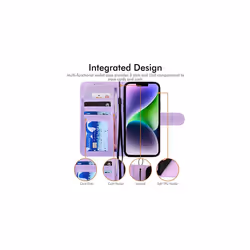 TECHGEAR iPhone 14 Leather Wallet Case, Flip Protective Case Cover with Wallet Card Holder, Stand and Wrist Strap - Purple PU Leather with Magnetic
