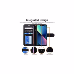 iPhone 14 Plus Leather Wallet Case, Flip Protective Case Cover with Wallet Card Holder, Stand and Wrist Strap - PU Leather with Magnetic Closu - Black