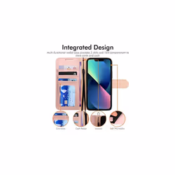 iPhone 14 Plus Leather Wallet Case, Flip Protective Case Cover with Wallet Card Holder, Stand and Wrist Strap - PU Leather with Magnetic Closur - Pink