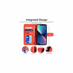 iPhone 14 Plus Leather Wallet Case, Flip Protective Case Cover with Wallet Card Holder, Stand and Wrist Strap - PU Leather with Magnetic Closure - Red