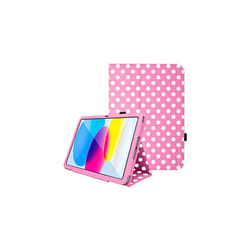 TECHGEAR Leather Case for Apple iPad 10 2022 [10th Generation] 10.9" - PU Leather Slim Folio Case Cover with Stand, Hand Strap & Auto - Pink Polka Dot