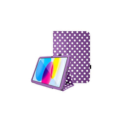 TECHGEAR Leather Case for Apple iPad 10 2022 [10th Generation] 10.9" - PU Leather Slim Folio Case Cover with Stand, Hand Strap & Au - Purple Polka Dot