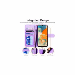 Samsung Galaxy A23 5G Leather Wallet Case, Flip Protective Cover with Wallet Card Holder, Stand and Wrist Strap - PU Leather with Magnetic Cl - Violet