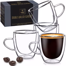 Double Walled Espresso Mug Cups with Handle, Set of 4 Hollow Insulated Vacuum Sealed Espresso Glasses, Microwave Safe Drinkin ...
