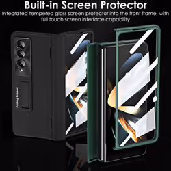 Samsung Galaxy Z Fold 4 Case Screen Protector Phone Case with Hinge Protection, Leather Fit Cover with Built-in Glass Screen Protector & Kickstand