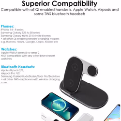 3 in1 Wireless Travel Charger Station, 15W Fast Wireless Folding Charging Dock Stand for iPhone 14/13/12/11, Air Pods, Apple Watch, Samsung etc
