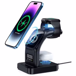 5 in1 Wireless Charging Station Alarm Clock & Light, 15W Fast Wireless Mag-Safe Magnetic Charging Dock Stand for iPhone, Air  ...