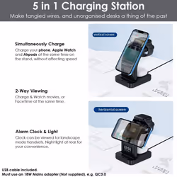 5 in1 Wireless Charging Station Alarm Clock & Light, 15W Fast Wireless Mag-Safe Magnetic Charging Dock Stand for iPhone, Air Pods etc