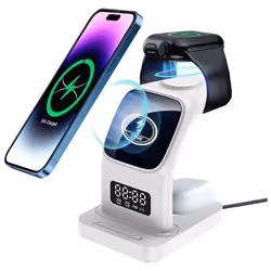 5 in1 Wireless Charging Station Alarm Clock & Light, 15W Fast Wireless Mag-Safe Magnetic Charging Dock Stand for iPhone, Air  ...