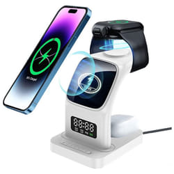5 in1 Wireless Charging Station Alarm Clock & Light, 15W Fast Wireless Mag-Safe Magnetic Charging Dock Stand for iPhone, Air Pods etc