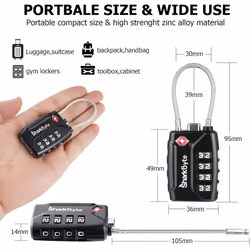 SharkByte TSA Suitcase Locks - 4-Dial Security Travel Combination Padlock, Flexible Cable Travel Lock for Suitcases Luggage Bag Gym Locker