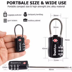 SharkByte TSA Suitcase Locks - 3-Dial Security Travel Combination Padlock, Flexible Cable Travel Lock for Suitcases Luggage Bag Gym Locker