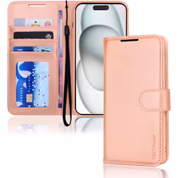 Apple iPhone 15 Leather Wallet Case, Flip Protective Case Cover with Wallet Card Holder, Stand and Wrist Strap PU Leather Cas ...