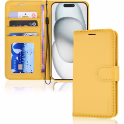 Apple iPhone 15 Leather Wallet Case, Flip Protective Case Cover with Wallet Card Holder, Stand and Wrist Strap PU Leather Cas ...