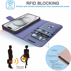 Wallet Case for iPhone 15, Genuine Leather Magnetic Flip [RFID Blocking] Case with Shockproof TPU Holder, Card Slots, Stand Folio Cover