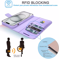 Wallet Case for iPhone 15, Genuine Leather Magnetic Flip [RFID Blocking] Case with Shockproof TPU Holder, Card Slots, Stand Folio Cover
