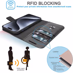 Wallet Case for Apple iPhone 15 Pro Max, Genuine Leather Magnetic Flip [RFID Blocking] Case with Shockproof TPU, Card Slots, Stand Folio Cover