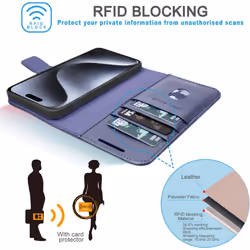 Wallet Case for Apple iPhone 15 Pro Max, Genuine Leather Magnetic Flip [RFID Blocking] Case with Shockproof TPU, Card Slots, Stand Folio Cover