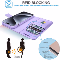 Wallet Case for Apple iPhone 15 Pro Max, Genuine Leather Magnetic Flip [RFID Blocking] Case with Shockproof TPU, Card Slots, Stand Folio Cover