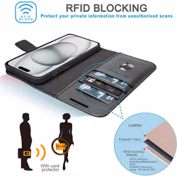 Wallet Case for Apple iPhone 15 Plus, Genuine Leather Magnetic Flip [RFID Blocking] Case with Shockproof TPU Holder, Card Slots, Stand Folio Cover