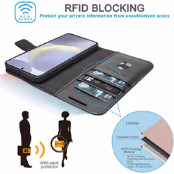 [Leather Wallet Case] Genuine Leather [RFID Blocking] Magnetic Flip Case with Card & Slots and Stand For Samsung Galaxy S24 Plus