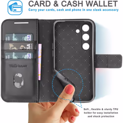[Leather Wallet Case] Genuine Leather [RFID Blocking] Magnetic Flip Case with Card & Slots and Stand For Samsung Galaxy S24 Plus
