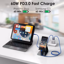 USB C to USB C Charger Cable 60W STRONG Fast Charging Type C Data Lead for iPhone 15, iPad Pro 12.9, MacBook Pro, Samsung S24/S22/A04s, Pixel 8 [2M]