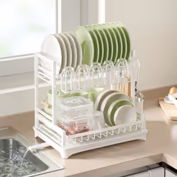 Neo 2 Tier Large Dish Drying Rack with Drip Tray Detachable Drainage Spout Cutting-Board Cup Holder Organise Shelf Utensil Ho ...