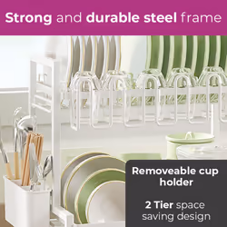 Neo 2 Tier Large Dish Drying Rack with Drip Tray Detachable Drainage Spout Cutting-Board Cup Holder Organise Shelf Utensil Holder Set - White