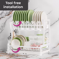 Neo 2 Tier Large Dish Drying Rack with Drip Tray Detachable Drainage Spout Cutting-Board Cup Holder Organise Shelf Utensil Holder Set - White