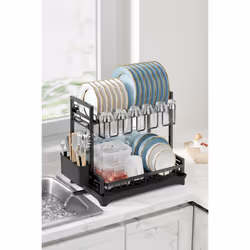 Neo 2 Tier Large Dish Drying Rack with Drip Tray Detachable Drainage Spout Cutting-Board Cup Holder Organise Shelf Utensil Ho ...