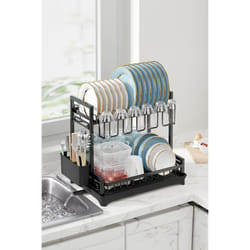 Neo 2 Tier Large Dish Drying Rack with Drip Tray Detachable Drainage Spout Cutting-Board Cup Holder Organise Shelf Utensil Holder Set - Black