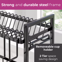 Neo 2 Tier Large Dish Drying Rack with Drip Tray Detachable Drainage Spout Cutting-Board Cup Holder Organise Shelf Utensil Holder Set - Black