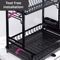 Neo 2 Tier Large Dish Drying Rack with Drip Tray Detachable Drainage Spout Cutting-Board Cup Holder Organise Shelf Utensil Holder Set - Black