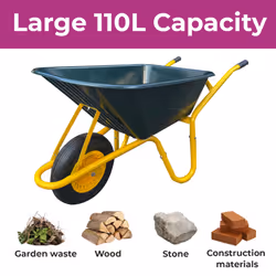 Neo Garden Wheelbarrow Heavy Duty 110L 150kg Durable Plastic Green Tray Barrow Pneumatic Wheel Tyre Loads Equine Yard Gardening